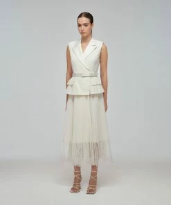 Self-portrait Ivory Sleeveless Corded Lace Tailored Midi Dress