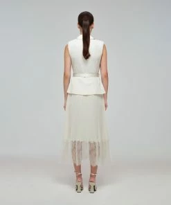 Self-portrait Ivory Sleeveless Corded Lace Tailored Midi Dress