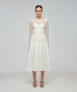 Self-portrait READY TO WEAR Ivory Corded Lace Voluminous Skirt Midi Dress
