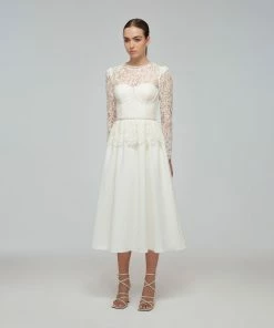 Self-portrait READY TO WEAR Ivory Corded Lace Voluminous Skirt Midi Dress