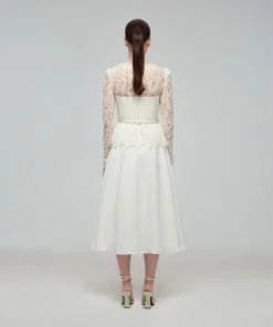 Self-portrait READY TO WEAR Ivory Corded Lace Voluminous Skirt Midi Dress