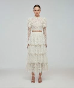Self-portrait Ivory Corded Lace Tiered Midi Skirt