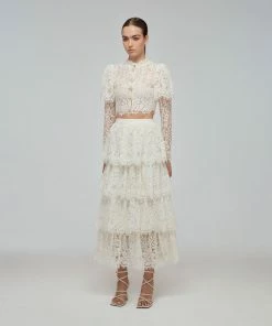 Self-portrait Ivory Corded Lace Tiered Midi Skirt