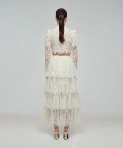 Self-portrait Ivory Corded Lace Tiered Midi Skirt