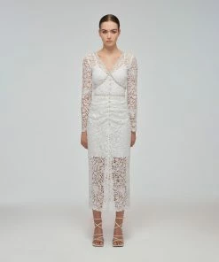 Self-portrait White Flower Guipure Fitted Midi Dress