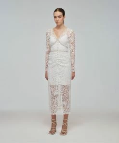 Self-portrait White Flower Guipure Fitted Midi Dress