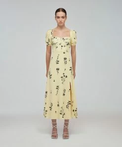 Self-portrait Yellow Floral Silhouette Stretch Crepe Midi Dress
