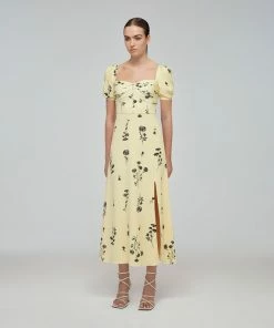 Self-portrait Yellow Floral Silhouette Stretch Crepe Midi Dress