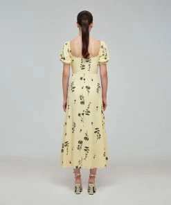 Self-portrait Yellow Floral Silhouette Stretch Crepe Midi Dress