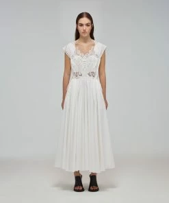 Self-portrait READY TO WEAR White Macrame Lace Organic Cotton Midi Dress