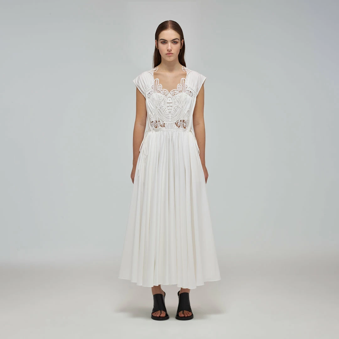 Self-portrait READY TO WEAR White Macrame Lace Organic Cotton Midi Dress