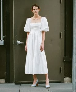 Self-portrait White Taffeta Puff Sleeve Midi Dress READY TO WEAR