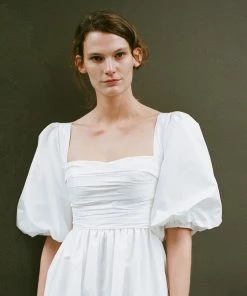 Self-portrait White Taffeta Puff Sleeve Midi Dress READY TO WEAR