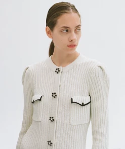 Self-portrait Ivory Lurex Longline Knit Cardigan