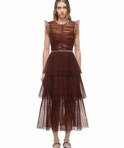 Self-portrait Brown Fine Lace Midi Dress READY TO WEAR