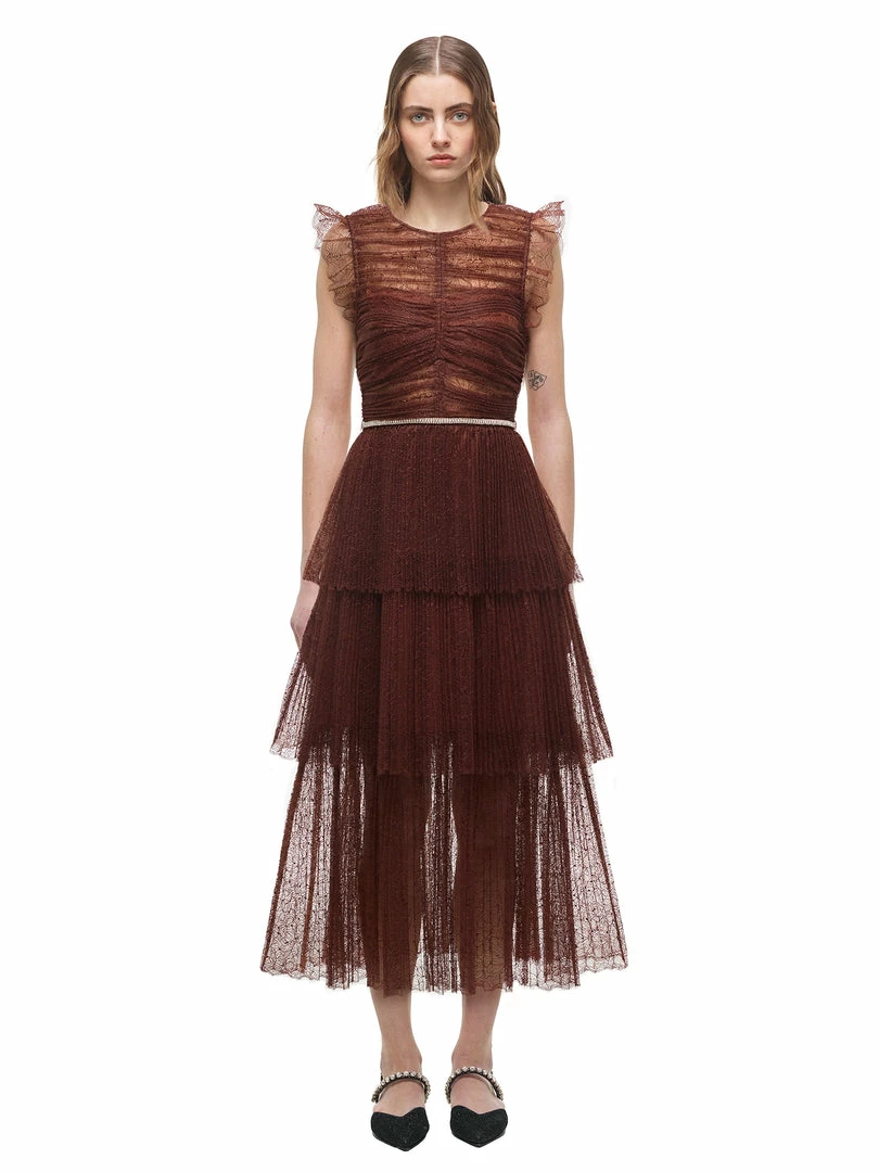 Self-portrait Brown Fine Lace Midi Dress READY TO WEAR