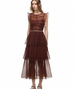 Self-portrait Brown Fine Lace Midi Dress READY TO WEAR