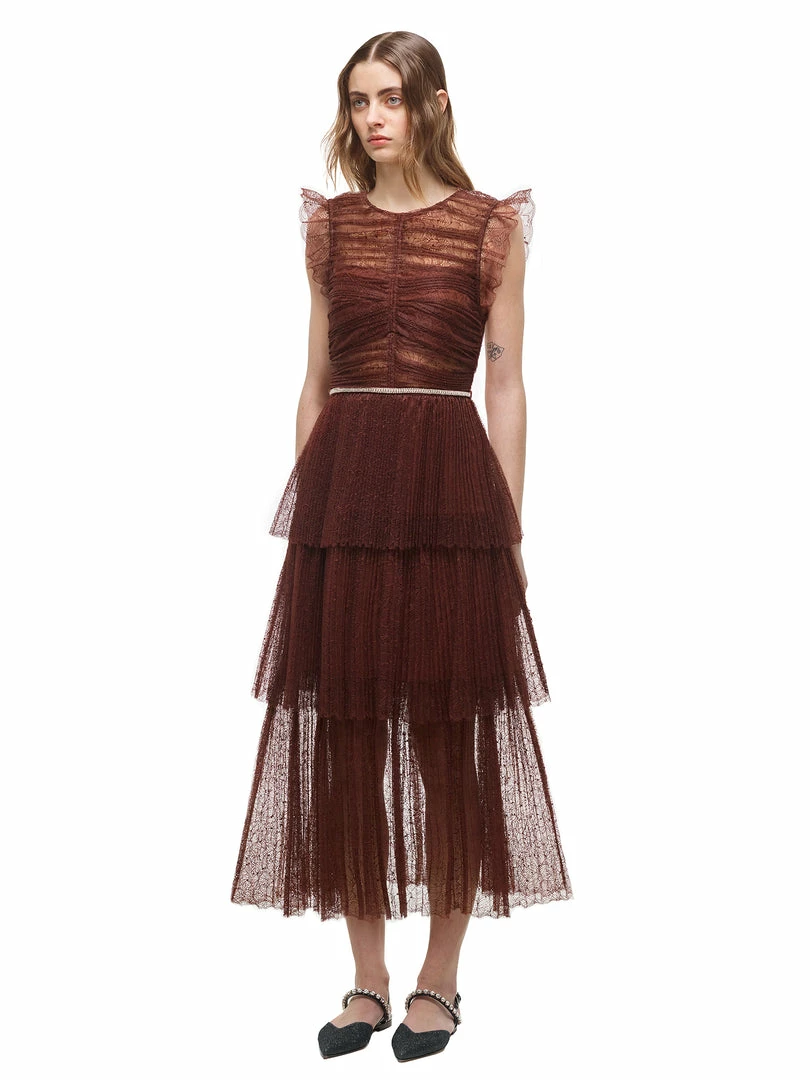 Self-portrait Brown Fine Lace Midi Dress READY TO WEAR