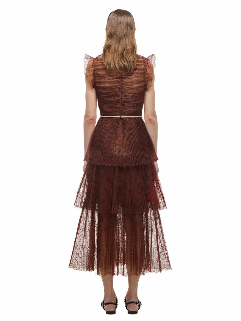 Self-portrait Brown Fine Lace Midi Dress READY TO WEAR