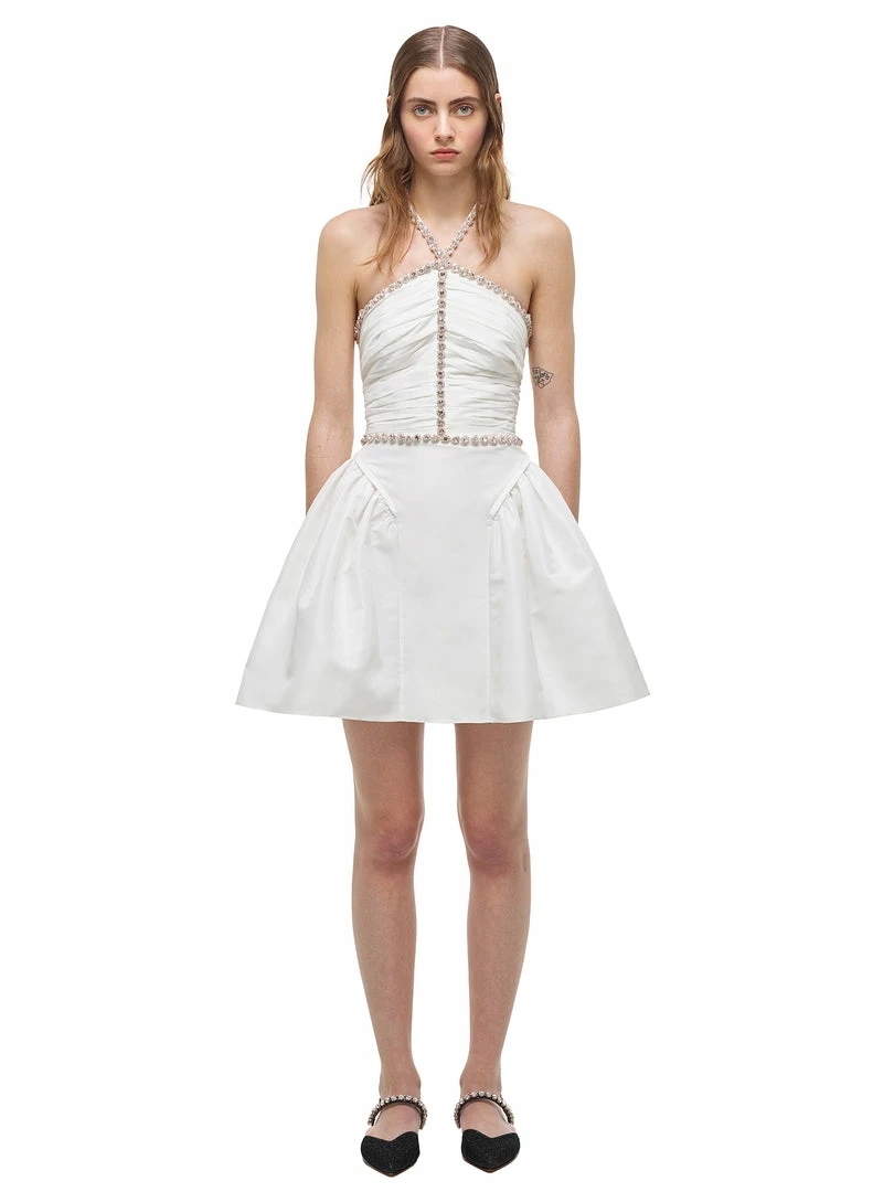 Self-portrait White Taffeta Diamante Trim Mini Dress READY TO WEAR
