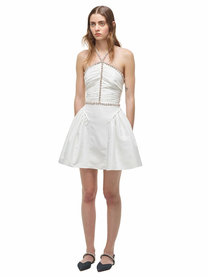 Self-portrait White Taffeta Diamante Trim Mini Dress READY TO WEAR