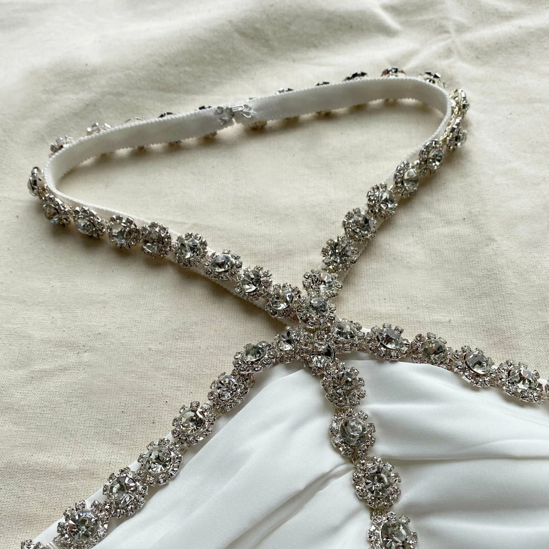 Self-portrait White Taffeta Diamante Trim Mini Dress READY TO WEAR