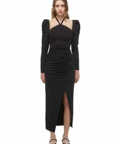 Self-portrait READY TO WEAR Black Jersey Gathered Midi Dress