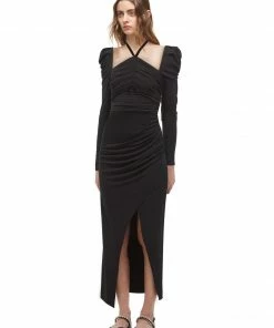 Self-portrait READY TO WEAR Black Jersey Gathered Midi Dress