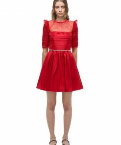 Self-portrait Red Dot Mesh Taffeta Mini Dress