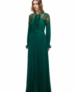 Self-portrait Deep Green Chiffon Maxi Dress