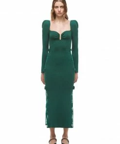 Self-portrait READY TO WEAR Deep Green Lace Knit Midi Dress