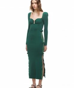 Self-portrait READY TO WEAR Deep Green Lace Knit Midi Dress