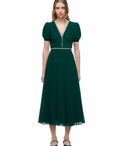 Self-portrait Deep Green Chiffon Midi Dress READY TO WEAR