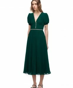 Self-portrait Deep Green Chiffon Midi Dress READY TO WEAR