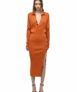 Self-portrait READY TO WEAR Cinnamon Ribbed Knit Midi Dress