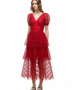 Self-portrait Red Sequin Midi Dress READY TO WEAR