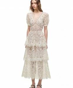Self-portrait Cream Embellished Tiered Dress