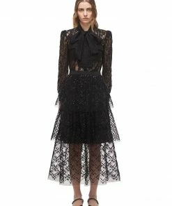 Self-portrait Black Grid Sequin Tiered Skirt READY TO WEAR