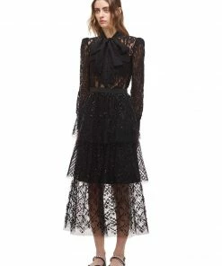 Self-portrait Black Grid Sequin Tiered Skirt READY TO WEAR