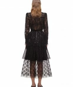 Self-portrait Black Grid Sequin Tiered Skirt READY TO WEAR