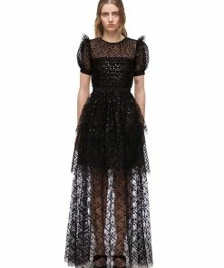 Self-portrait Black Grid Sequin Tiered Maxi Dress READY TO WEAR