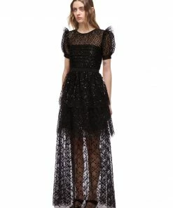 Self-portrait Black Grid Sequin Tiered Maxi Dress READY TO WEAR