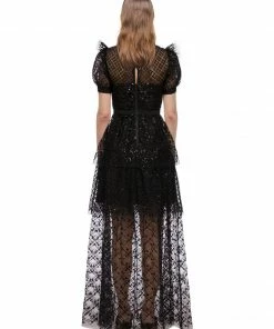 Self-portrait Black Grid Sequin Tiered Maxi Dress READY TO WEAR
