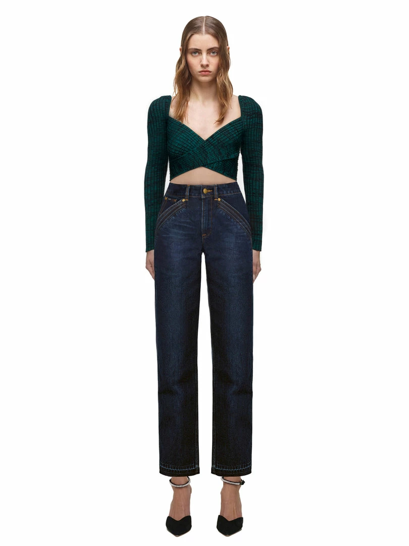 Self-portrait READY TO WEAR Green And Black Crossover Ribbed Knit Top