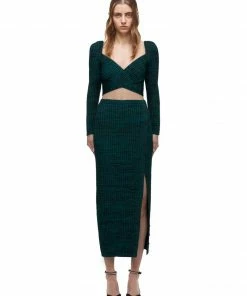 Self-portrait READY TO WEAR Green And Black Ribbed Knit Midi Skirt