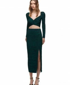 Self-portrait READY TO WEAR Green And Black Ribbed Knit Midi Skirt