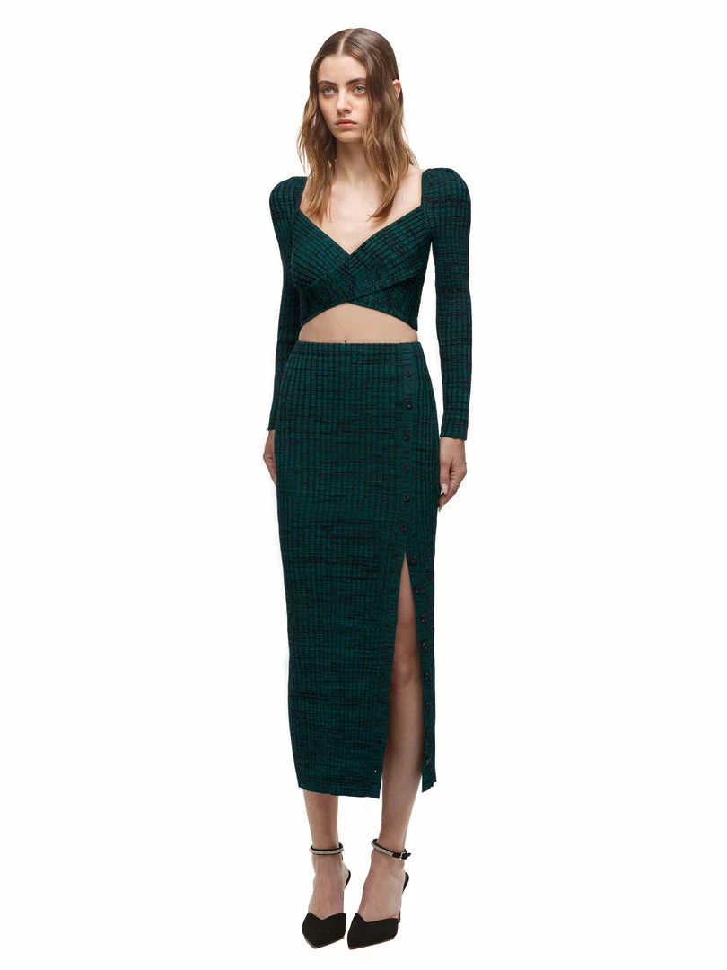 Self-portrait READY TO WEAR Green And Black Ribbed Knit Midi Skirt