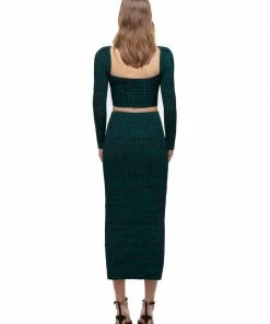 Self-portrait READY TO WEAR Green And Black Ribbed Knit Midi Skirt