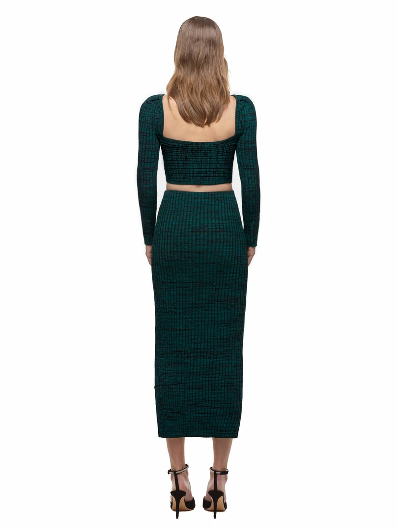 Self-portrait READY TO WEAR Green And Black Ribbed Knit Midi Skirt