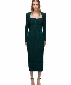 Self-portrait Green And Black Ribbed Knit Dress